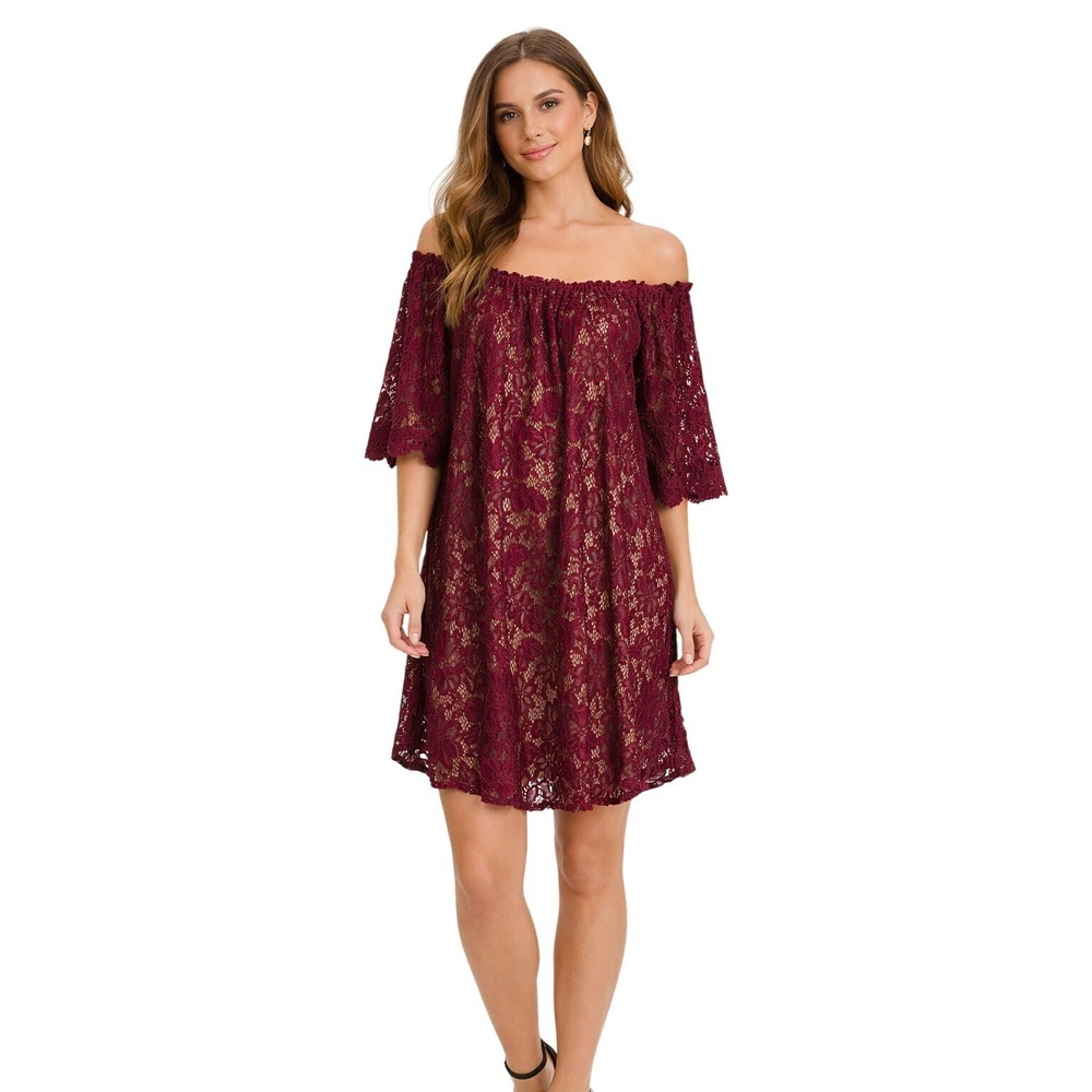 Lace Mini Dress Women Medium Burgundy Off Shoulder Bell Sleeve Boho